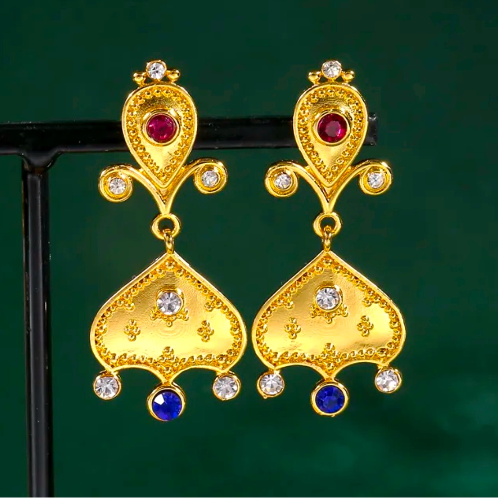 Gold Plated, Multi Stone Inlaid Metal Carved Cubic Zirconia Boho Geo Earrings